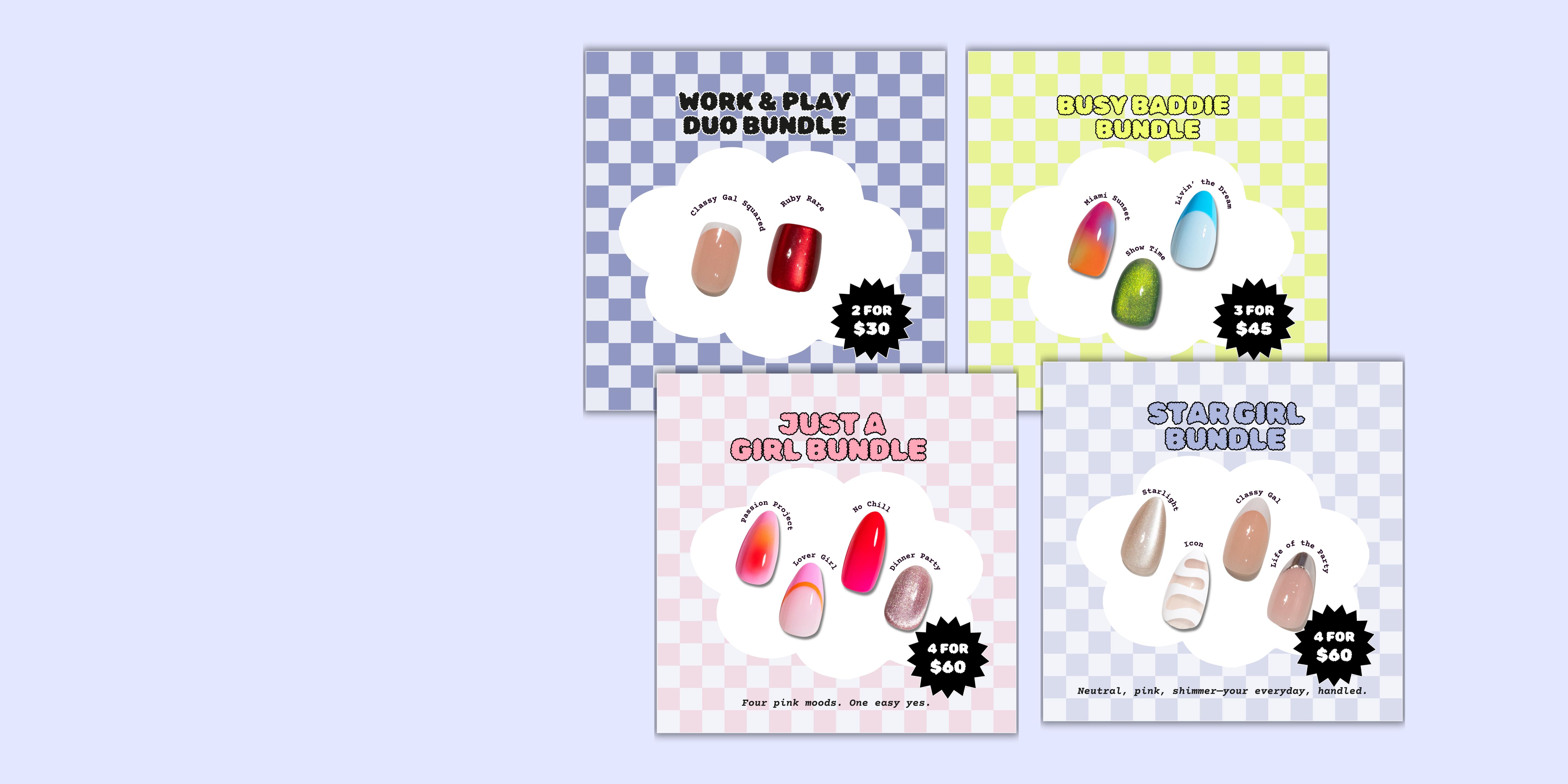 Four nail art bundle packages with cartoon illustrations on a light blue background