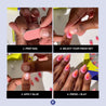 Step-by-step tutorial on applying false nails press on nails with text labels.