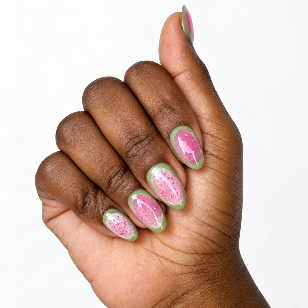 Baby Guava Fresh Set Studio press-on nails on hand
