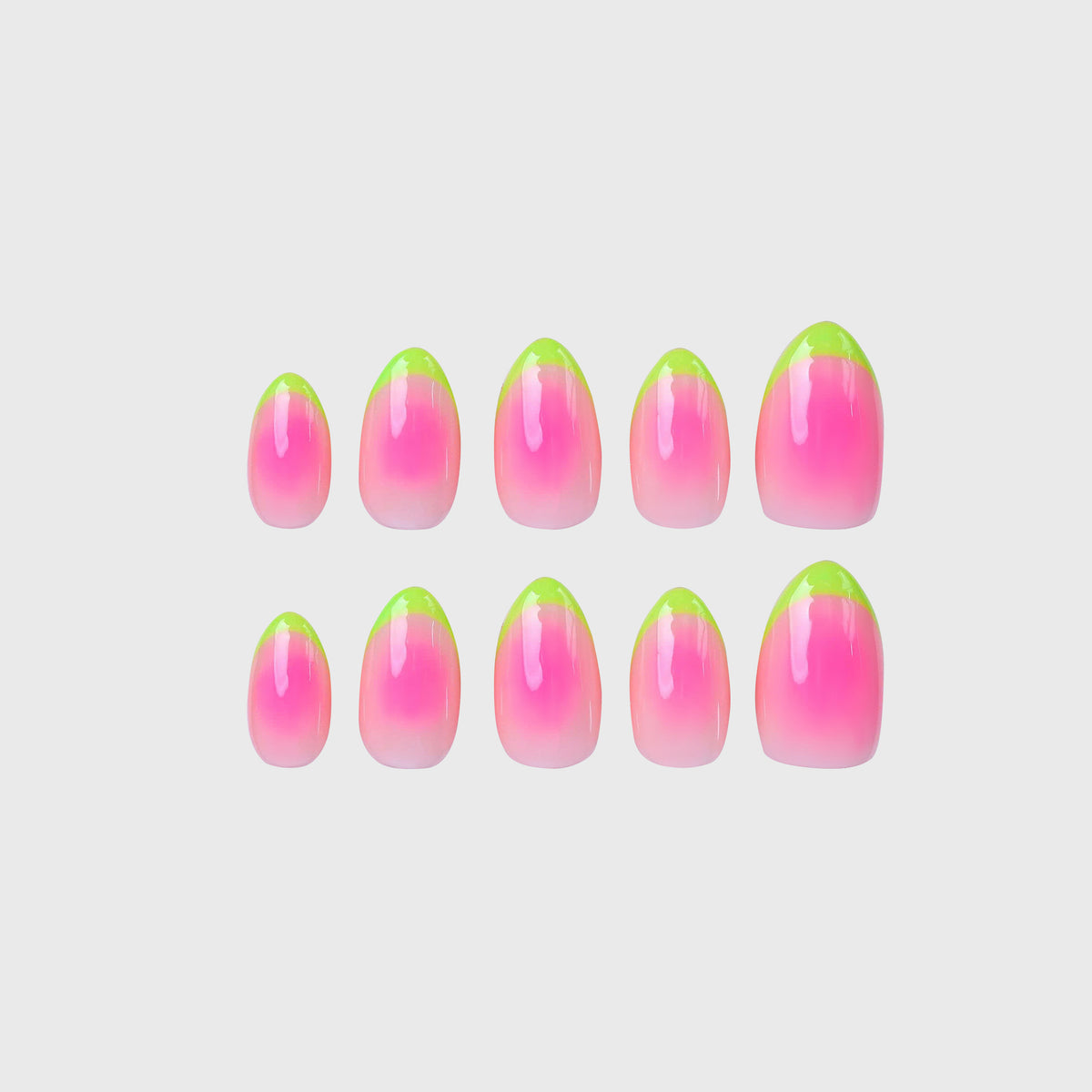 Strawberry Kiwi Fresh Set Studio press-on nails, full set laid flat