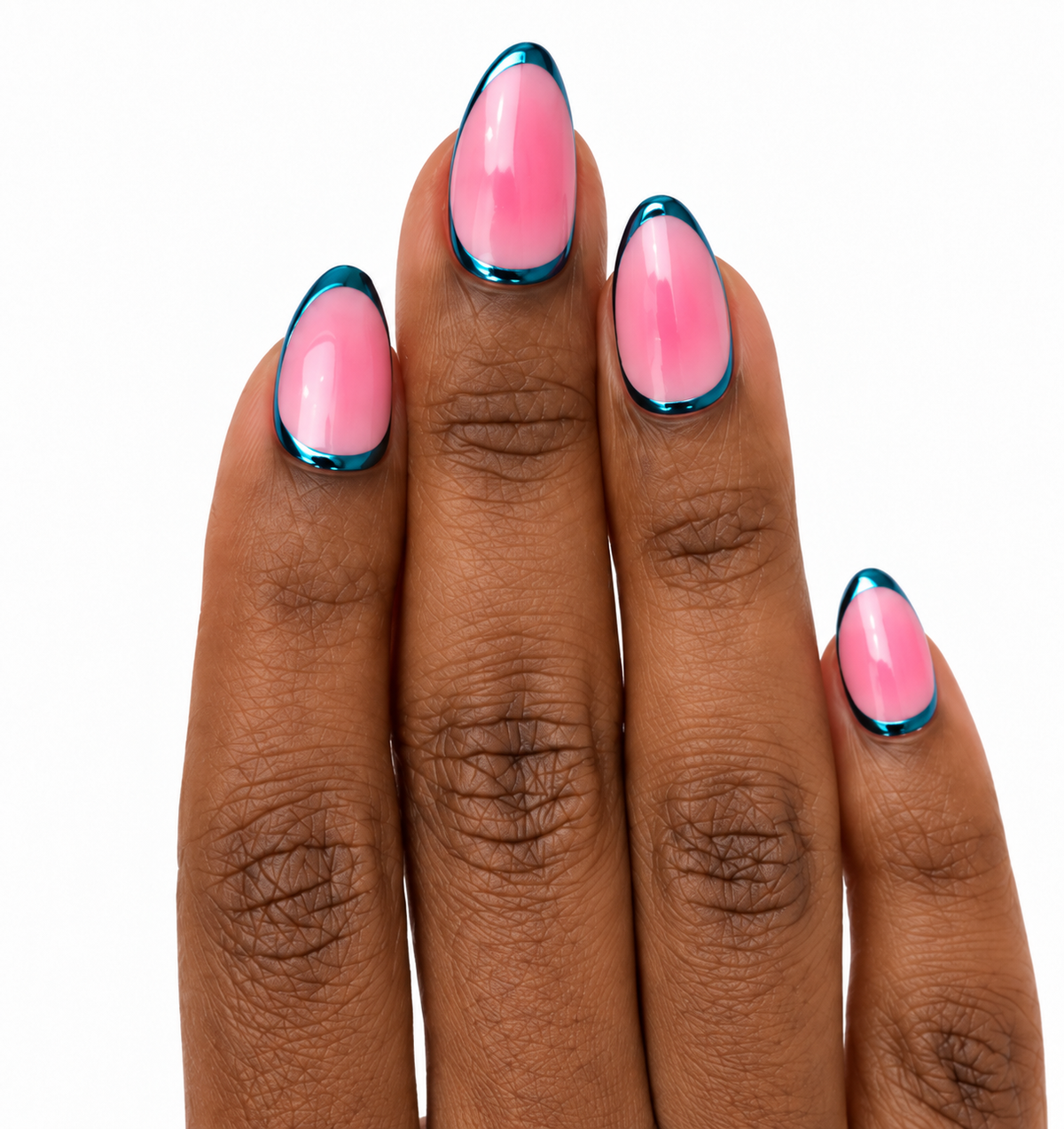 Chrome Melon Fresh Set Studio press-on nails on hand