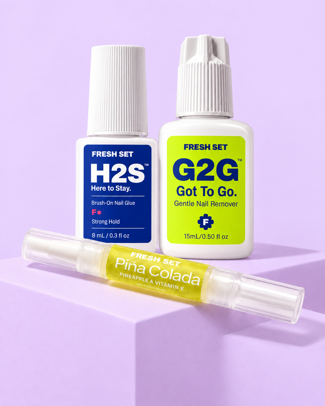 Fresh Set Essentials Trio: nail glue, gentle nail remover and Piña Colada cuticle oil